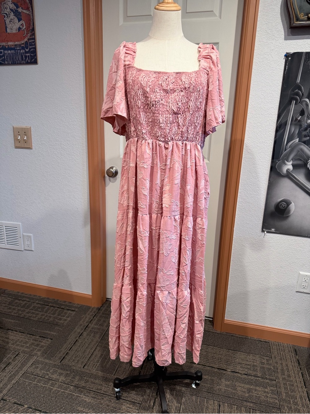 Smocked Square-Neck Pink Maxi Dress